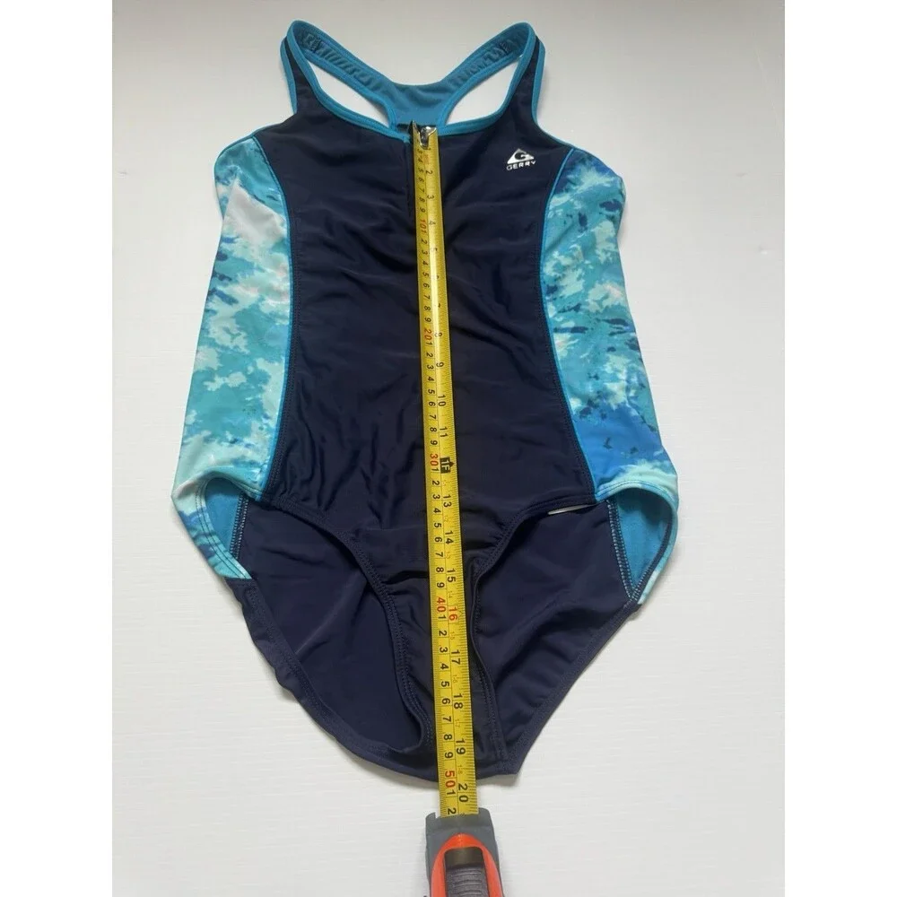 Gerry Girls Size 16 One Piece Swimsuit Navy Blue Turquoise Zip Front